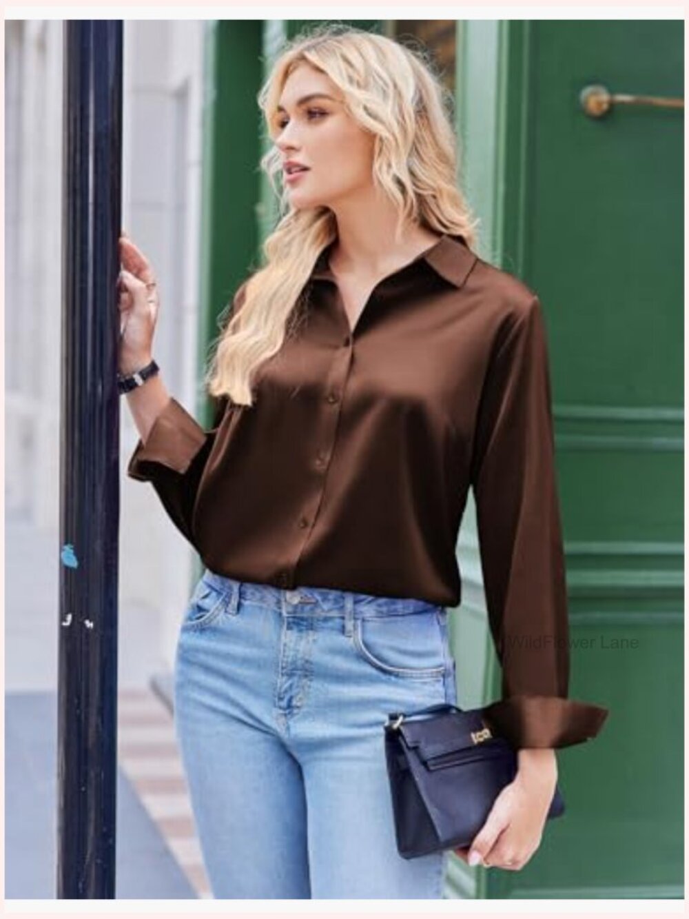Silk Feel Satin Blouse Long Sleeve Button Down V-Neck Business Casual Top - Picture 3 of 6